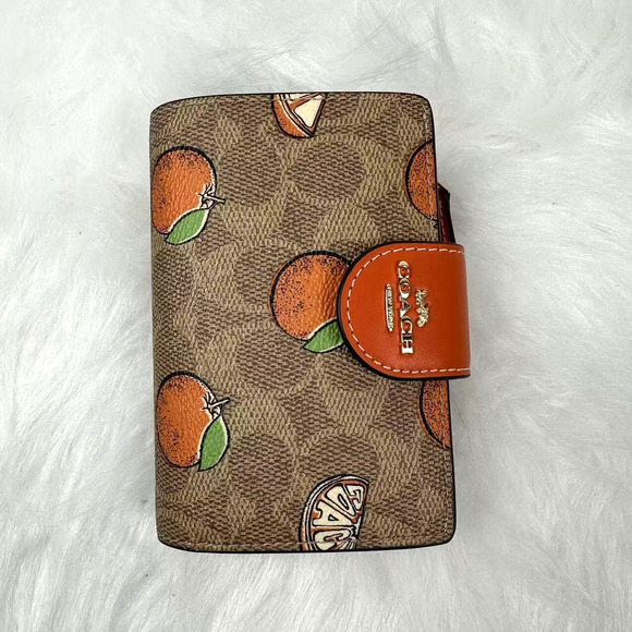 Coach Medium Corner Zip Wallet In Signature Canvas With Orange Print In Tan NWT - Picture 1 of 5
